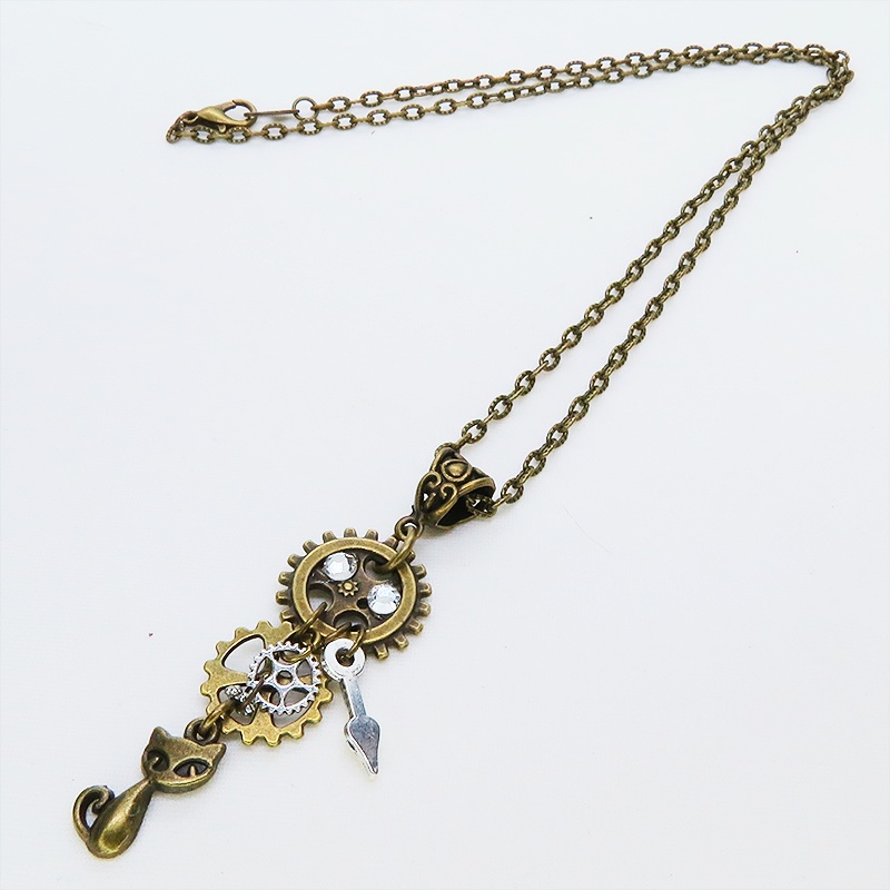 アンティークゴールド 猫と歯車のスチームパンク風ネックレス ラインストーン 長さ調整可 アジャスター可