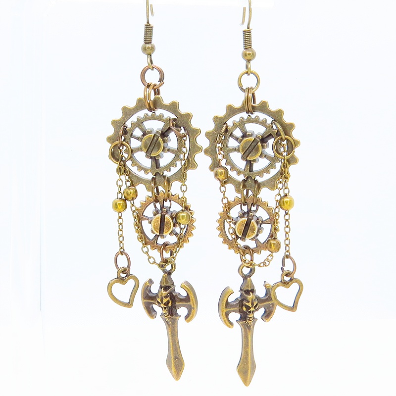 アンティークゴールド ゴシック調ソードと歯車を組合せたスチームパンク風チェーンピアス