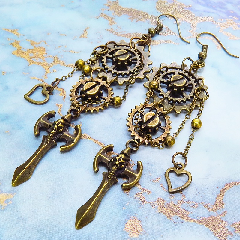 アンティークゴールド ゴシック調ソードと歯車を組合せたスチームパンク風チェーンピアス