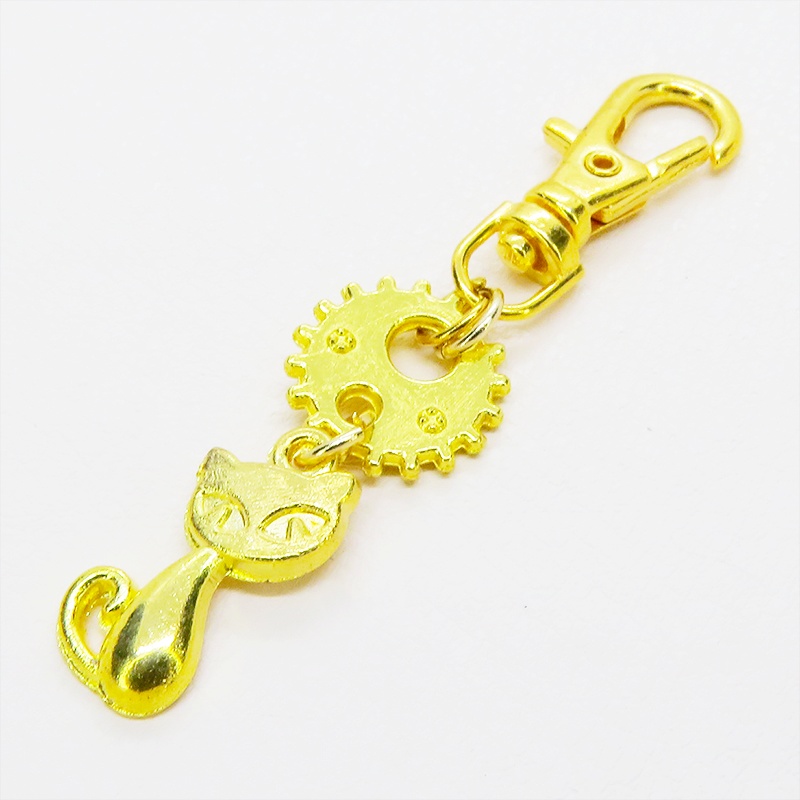 ゴールドカラー 猫と歯車・ギアを組合せたコンパクトなキーホルダー 金具交換可
