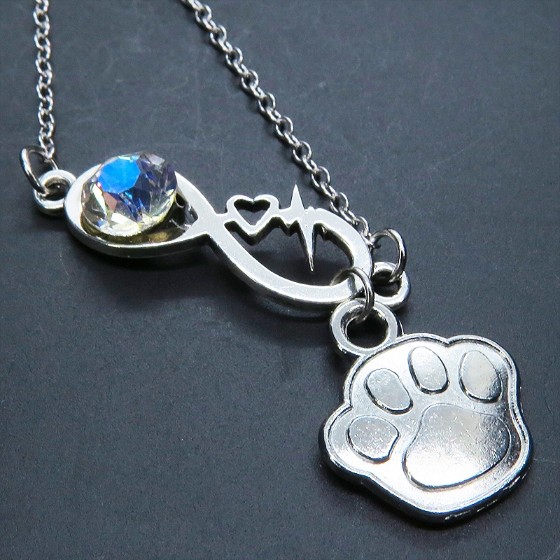 シルバーカラー クリスタル(クリア)のエターニティーと肉球モチーフを組合せたネックレス ステンレス可 長さ調整可