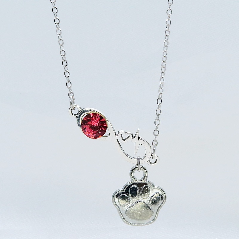 シルバーカラー クリスタル(マゼンタ)のエターニティーと肉球モチーフを組合せたネックレス ステンレス可 長さ調整可