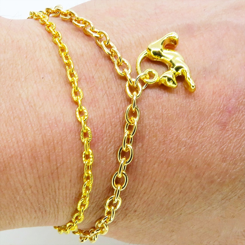 ゴールドカラー 伸び猫シルエットモチーフのダブルチェーンブレスレット