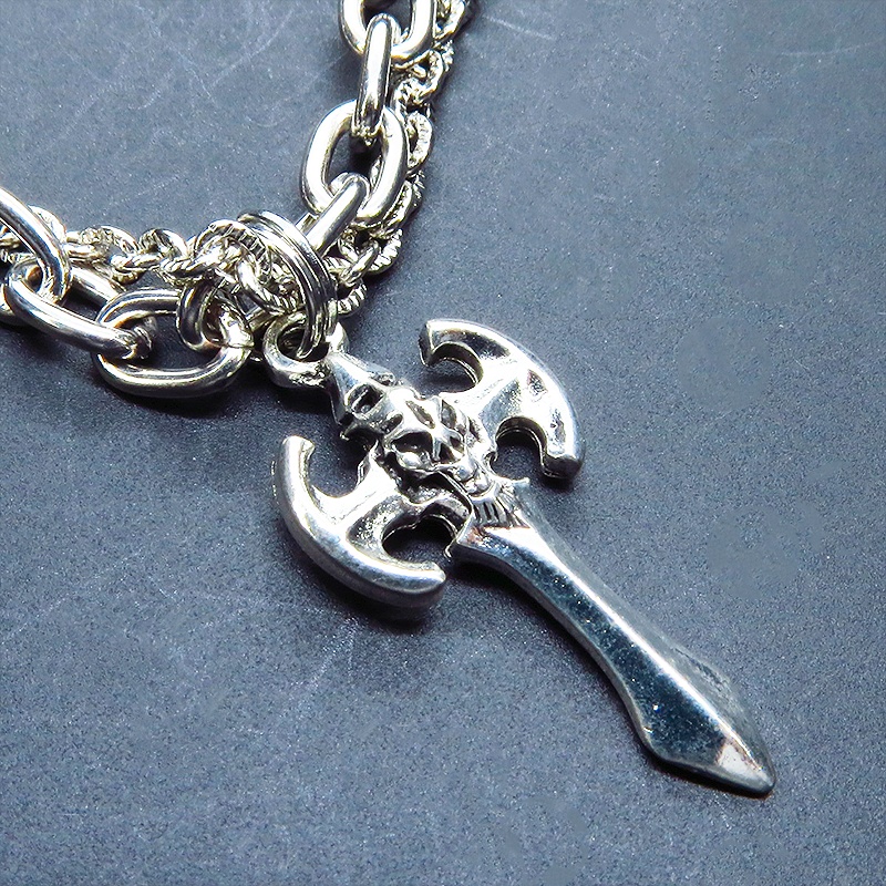 シルバーカラー ゴシック調ソードのダブルチェーンブレスレット パンク ロック