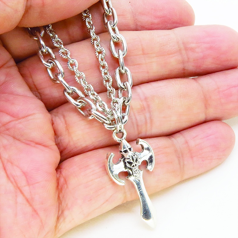 シルバーカラー ゴシック調ソードのダブルチェーンブレスレット パンク ロック