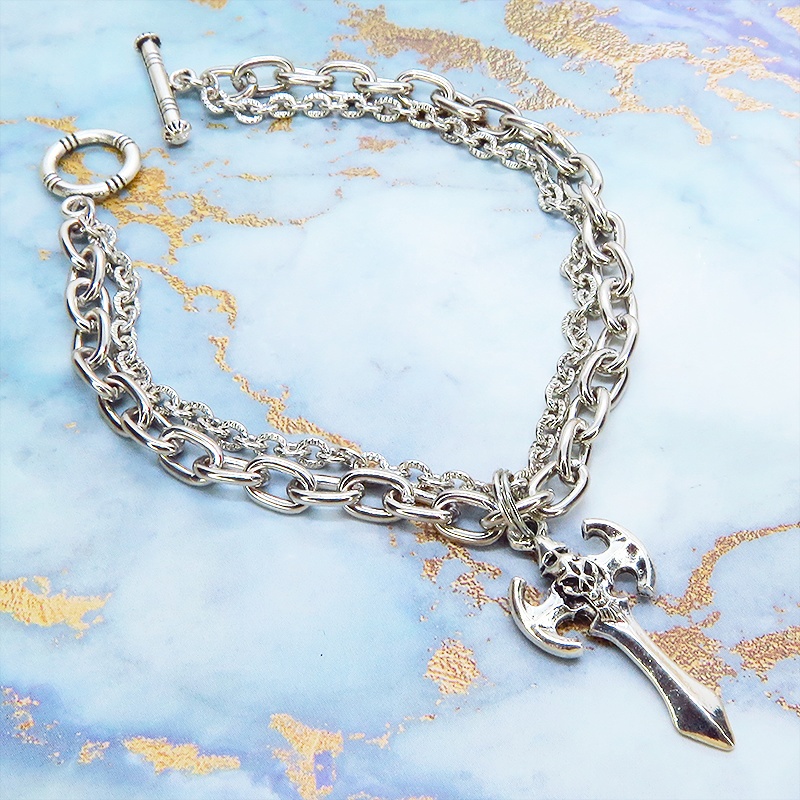 シルバーカラー ゴシック調ソードのダブルチェーンブレスレット パンク ロック