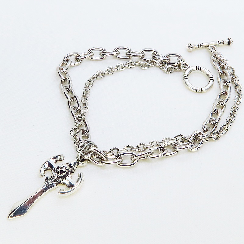 シルバーカラー ゴシック調ソードのダブルチェーンブレスレット パンク ロック