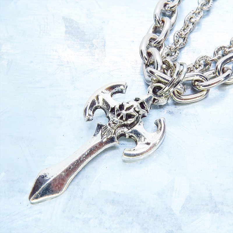 シルバーカラー ゴシック調ソードのダブルチェーンブレスレット パンク ロック