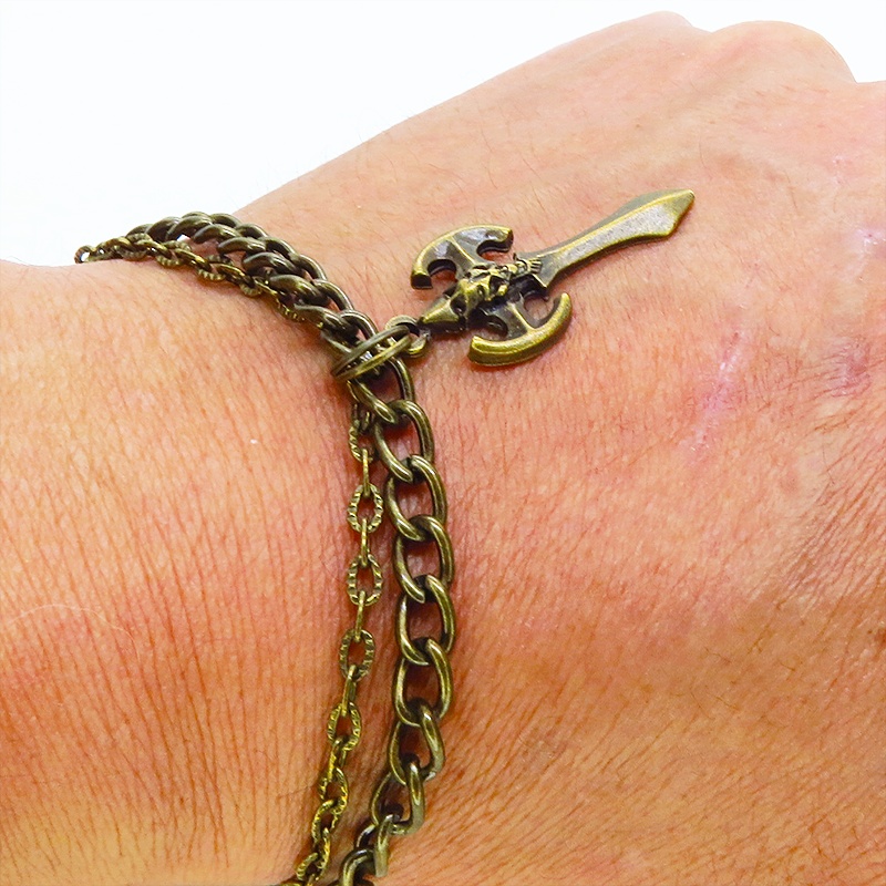 アンティークゴールド ゴシック調ソードのダブルチェーンブレスレット パンク ロック