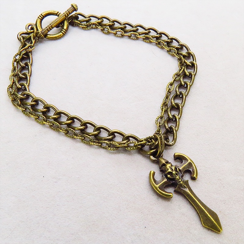アンティークゴールド ゴシック調ソードのダブルチェーンブレスレット パンク ロック