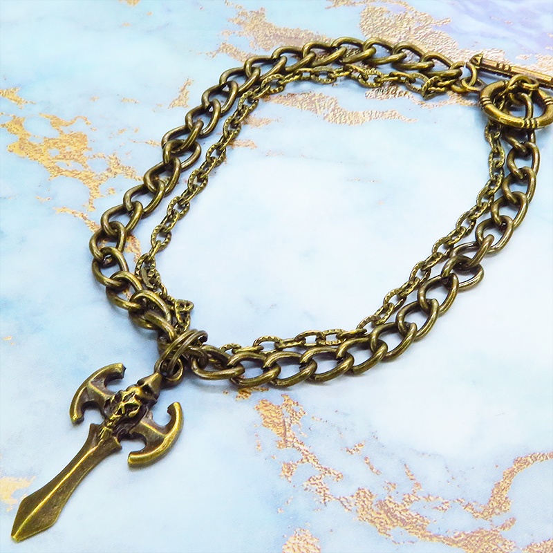 アンティークゴールド ゴシック調ソードのダブルチェーンブレスレット パンク ロック