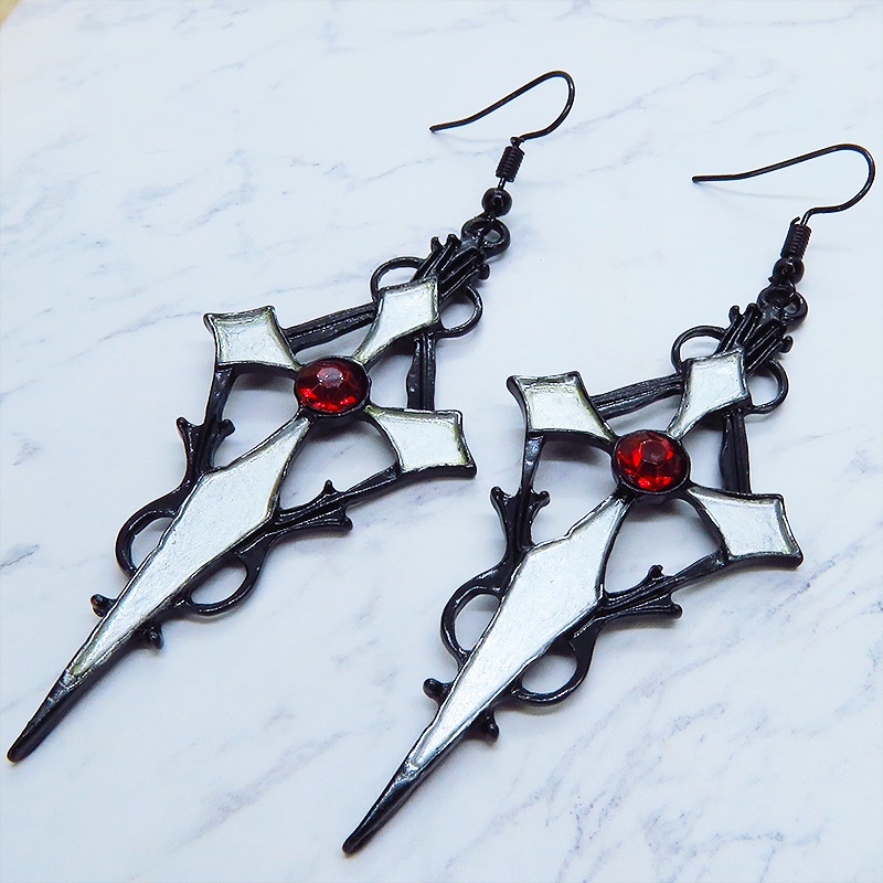 ブラック&シルバー ゴシック調ロザリオのピアス ロック パンク ゴス