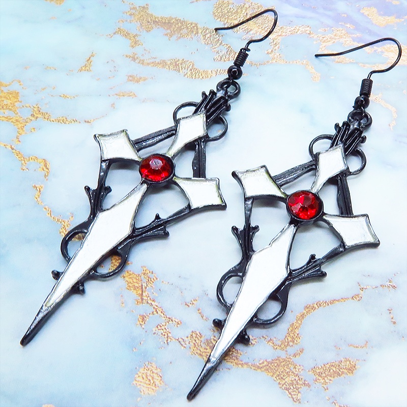 ブラック&シルバー ゴシック調ロザリオのピアス ロック パンク ゴス