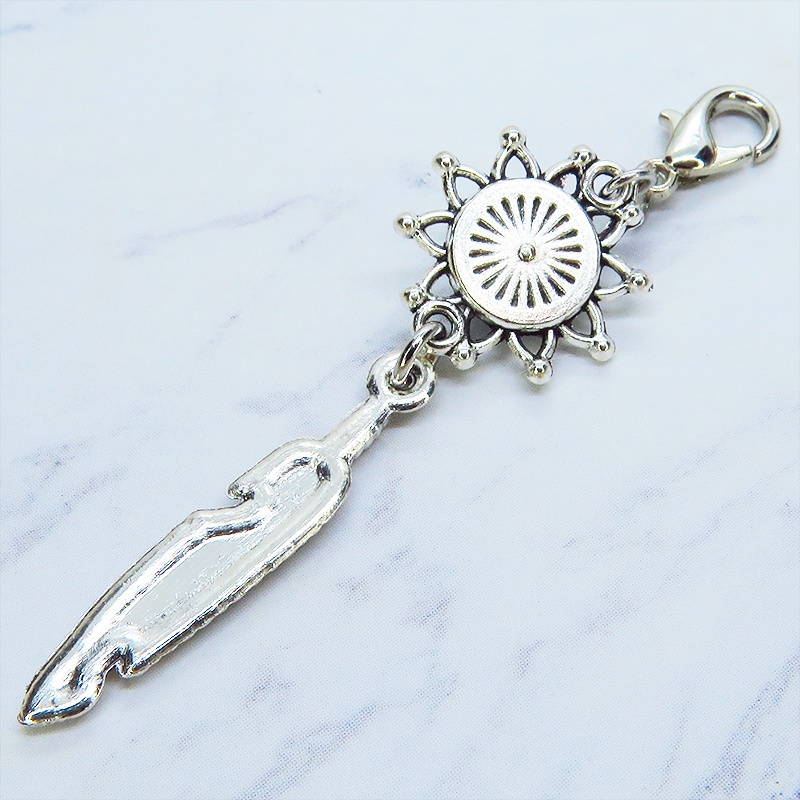 マスク・スマホチャーム アンティークシルバー フェザーとひまわりのチャーム ターコイズ 金具変更可