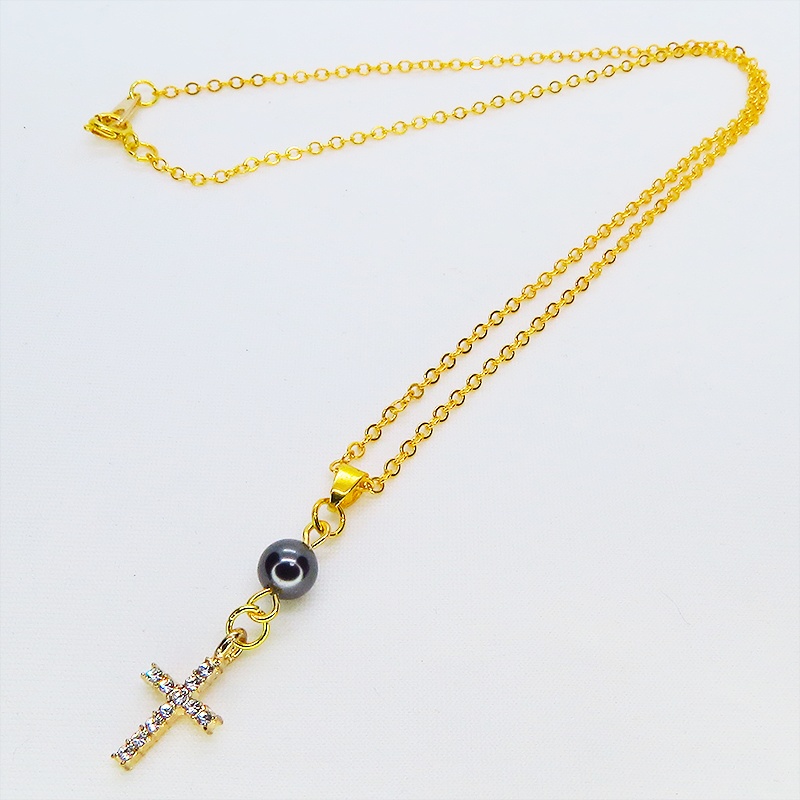 ゴールドカラー ラインストーンが輝くロザリオとスワロフスキーパール(ガンメタル)のコンパクトなネックレス 長さ調整可 アジャスター可