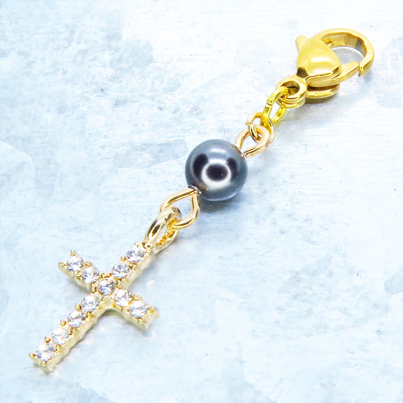 マスク・スマホチャーム ゴールドカラー ラインストーンが輝くロザリオとスワロフスキーパール(ガンメタル)のチャーム 金具変更可