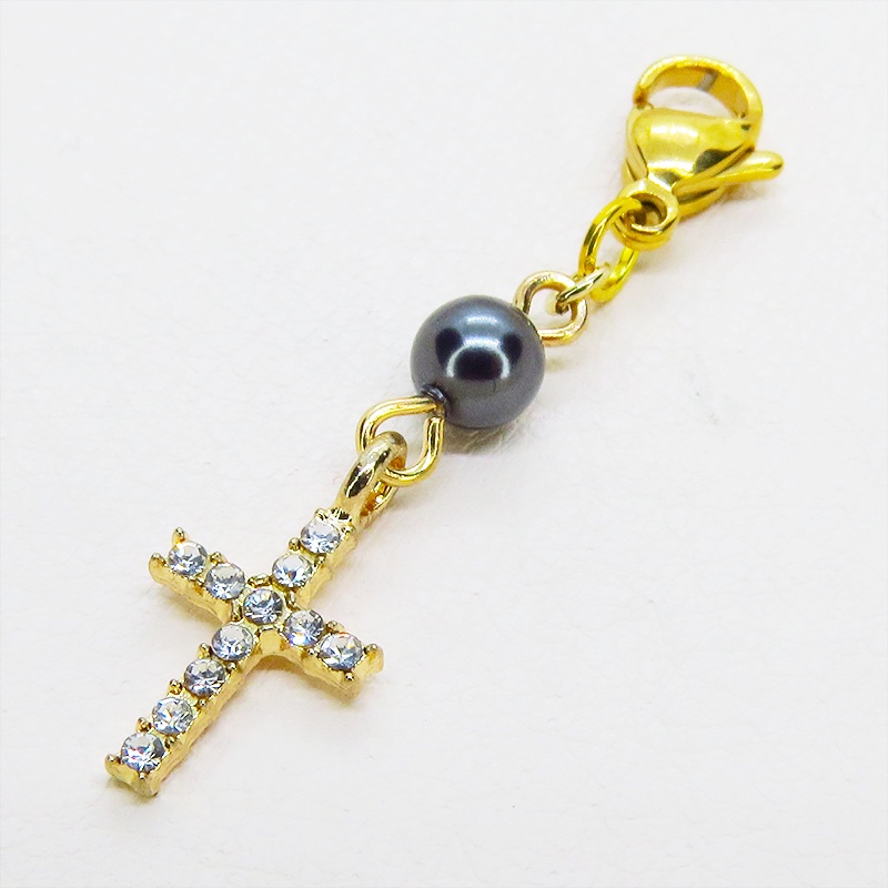 マスク・スマホチャーム ゴールドカラー ラインストーンが輝くロザリオとスワロフスキーパール(ガンメタル)のチャーム 金具変更可