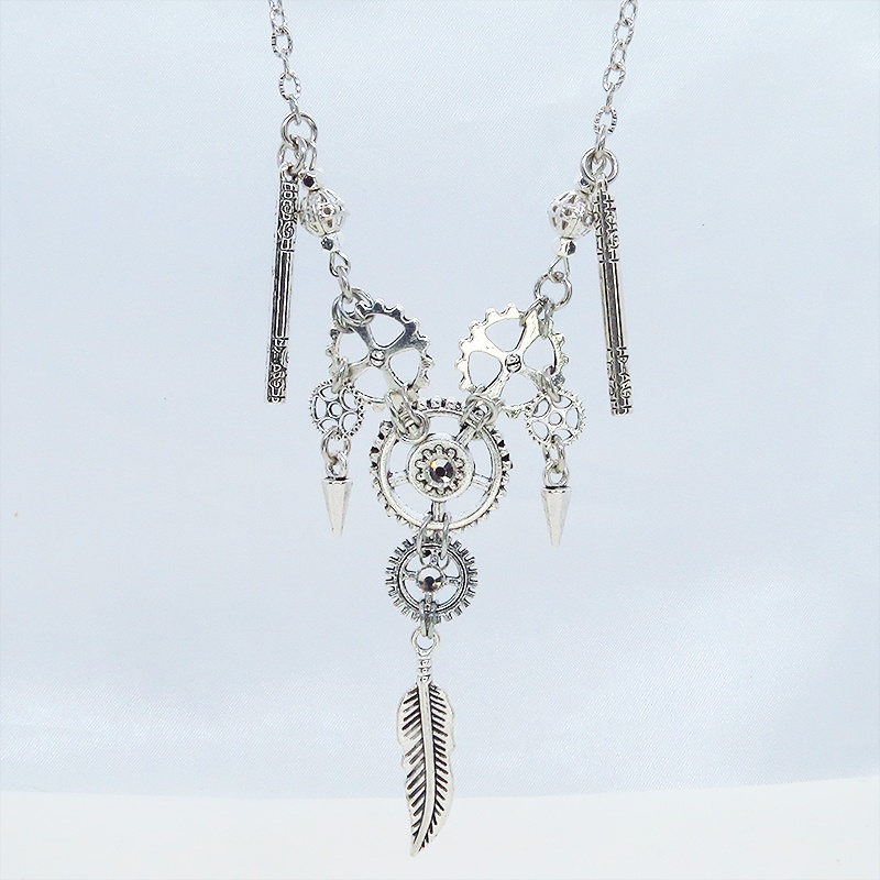 アンティークシルバー フェザーと歯車を組合せた多層構造のスチームパンク風ネックレス ラインストーン アジャスター可