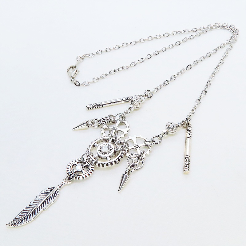アンティークシルバー フェザーと歯車を組合せた多層構造のスチームパンク風ネックレス ラインストーン アジャスター可