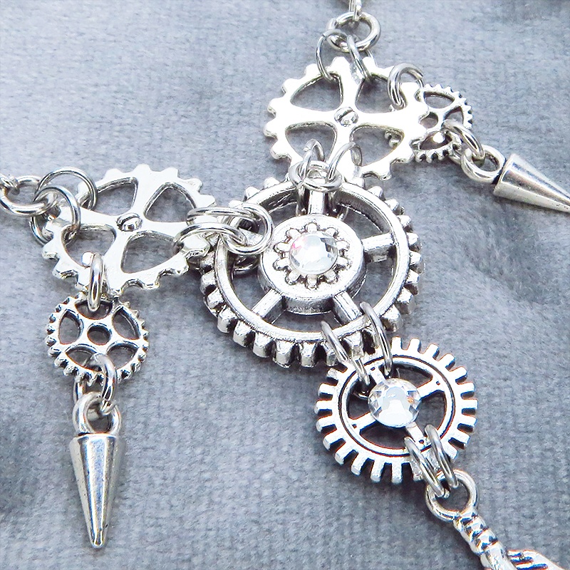 アンティークシルバー フェザーと歯車を組合せた多層構造のスチームパンク風ネックレス ラインストーン アジャスター可
