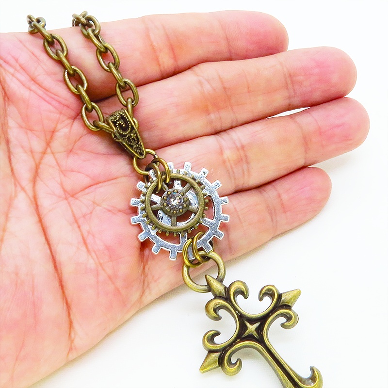 アンティークゴールド ゴシック調ロザリオと歯車を組合せた重厚スチームパンクネックレス 長さ調整可