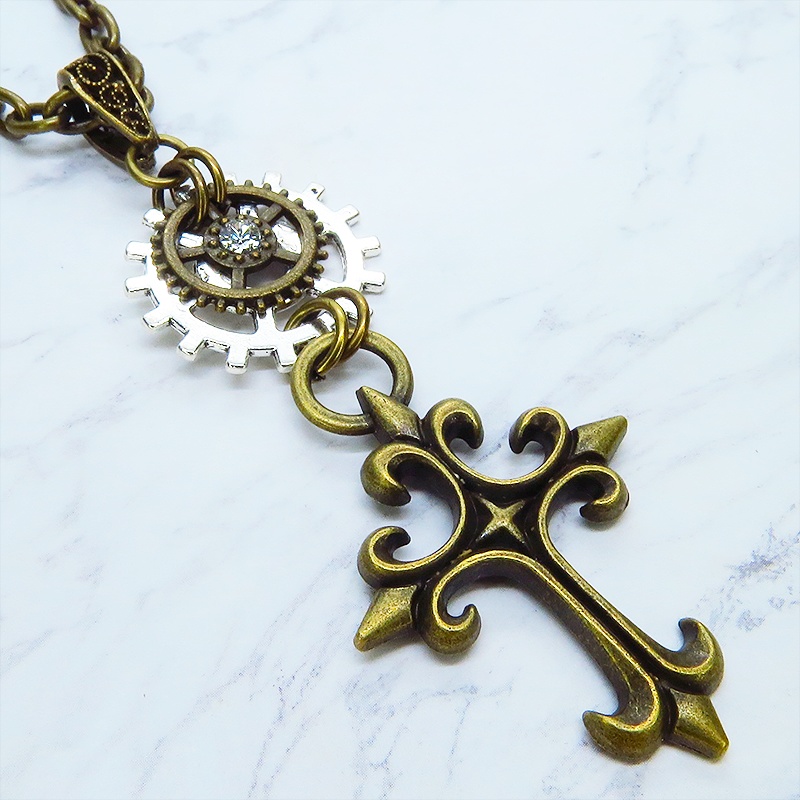アンティークゴールド ゴシック調ロザリオと歯車を組合せた重厚スチームパンクネックレス 長さ調整可