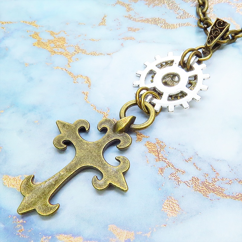 アンティークゴールド ゴシック調ロザリオと歯車を組合せた重厚スチームパンクネックレス 長さ調整可