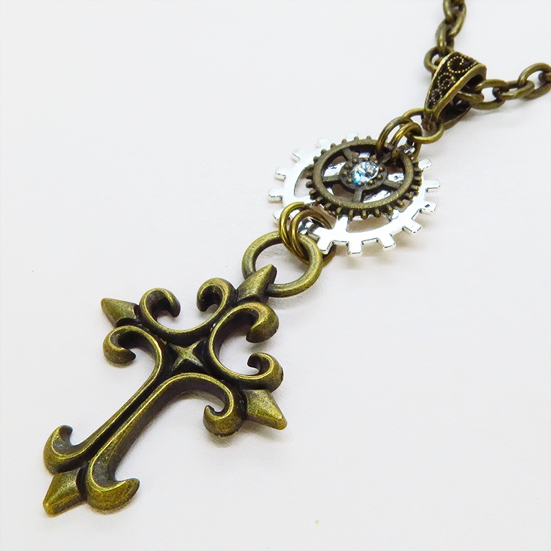 アンティークゴールド ゴシック調ロザリオと歯車を組合せた重厚スチームパンクネックレス 長さ調整可