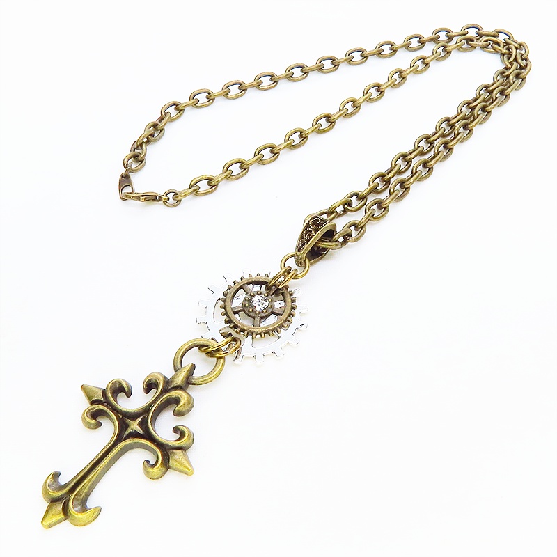 アンティークゴールド ゴシック調ロザリオと歯車を組合せた重厚スチームパンクネックレス 長さ調整可
