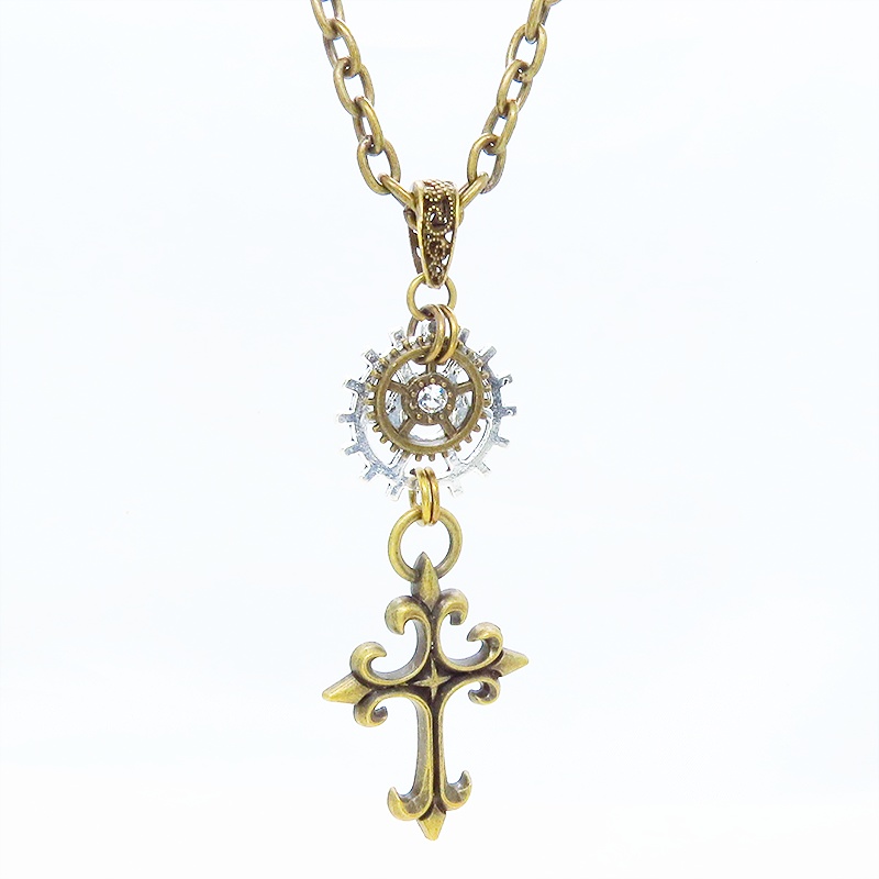 アンティークゴールド ゴシック調ロザリオと歯車を組合せた重厚スチームパンクネックレス 長さ調整可