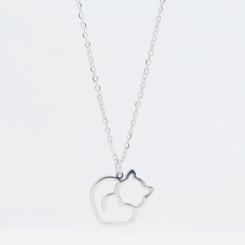 シルバーカラー ステンレス製 柔らかい曲線の猫シルエットモチーフのネックレス 長さ調整可