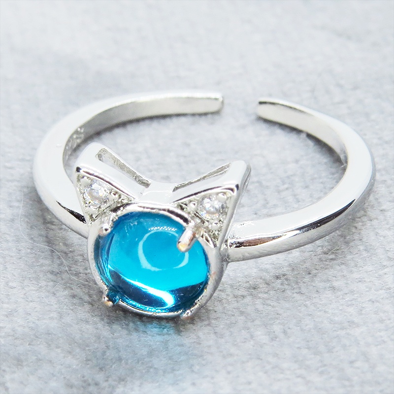 猫耳モチーフの大人可愛いリング シルバー925PLD アクアマリン アクリル ジルコン フリーサイズ 調整可能