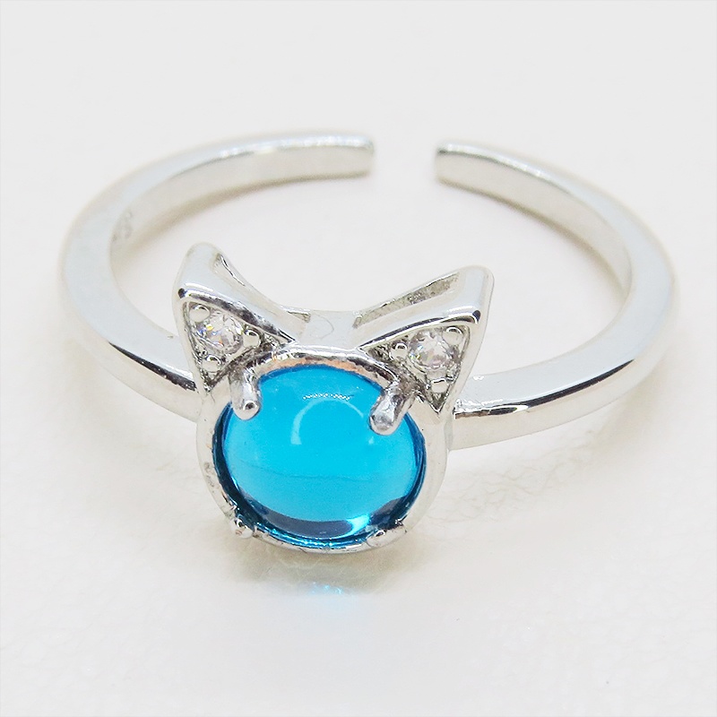 猫耳モチーフの大人可愛いリング シルバー925PLD アクアマリン アクリル ジルコン フリーサイズ 調整可能