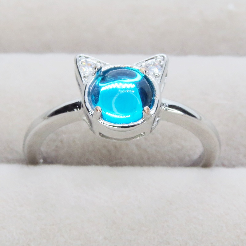 猫耳モチーフの大人可愛いリング シルバー925PLD アクアマリン アクリル ジルコン フリーサイズ 調整可能