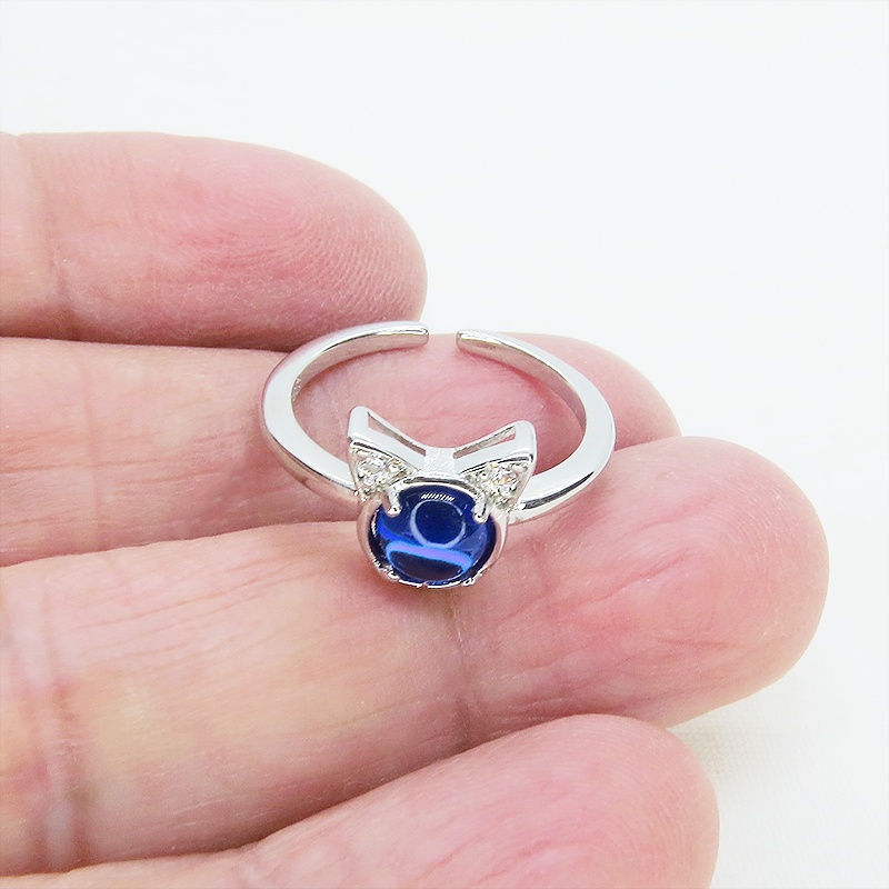 猫耳モチーフの大人可愛いリング シルバー925PLD マリンブルー アクリル ジルコン フリーサイズ 調整可能