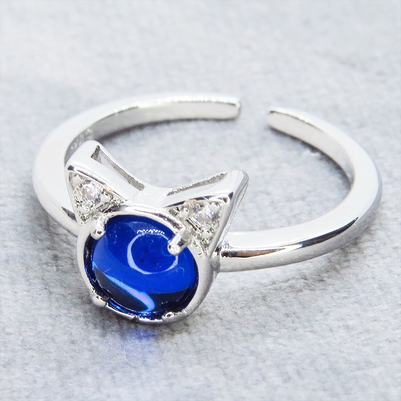 猫耳モチーフの大人可愛いリング シルバー925PLD マリンブルー アクリル ジルコン フリーサイズ 調整可能