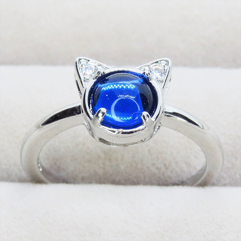 猫耳モチーフの大人可愛いリング シルバー925PLD マリンブルー アクリル ジルコン フリーサイズ 調整可能