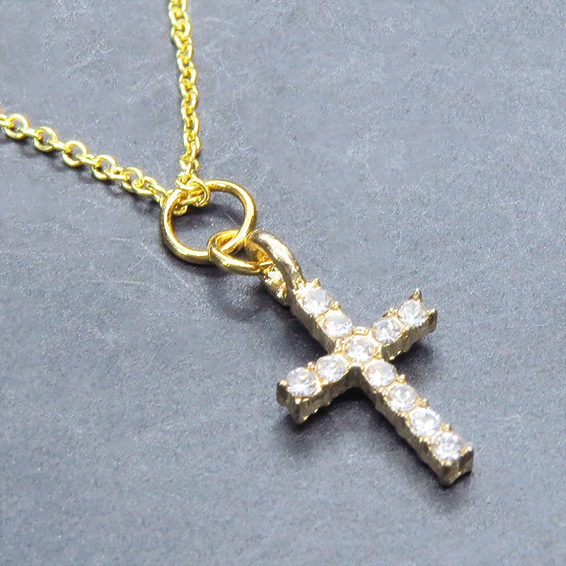 シルバー925 18Kゴールドコーティング ラインストーンのロザリオチャームのネックレス アジャスター追加可