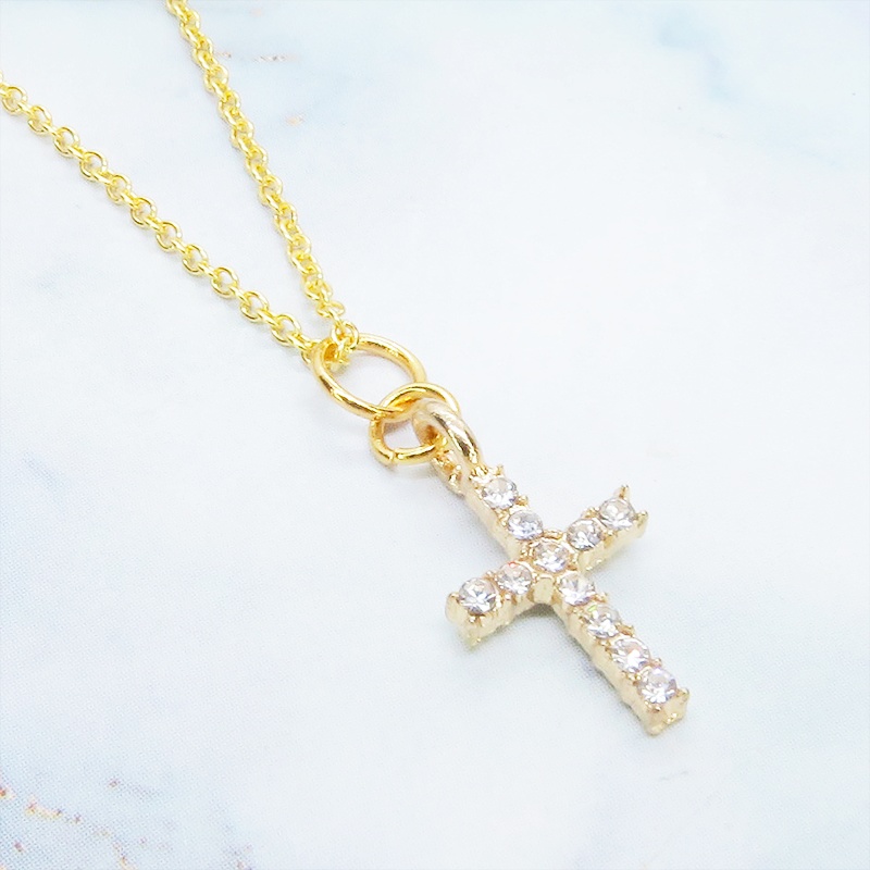 シルバー925 18Kゴールドコーティング ラインストーンのロザリオチャームのネックレス アジャスター追加可