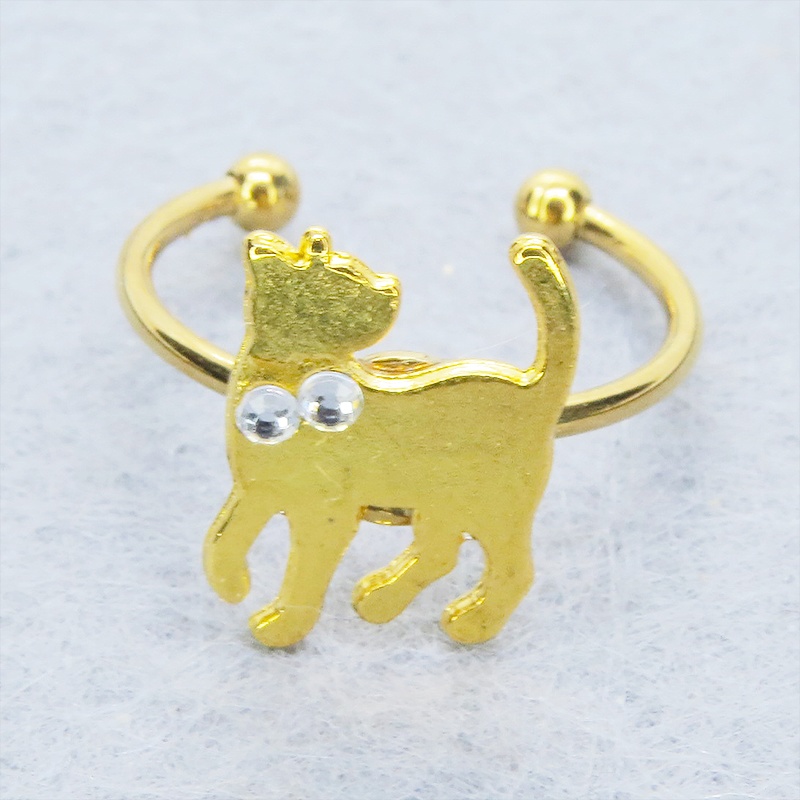 ゴールドカラー 振り向き猫シルエットモチーフのリング ラインストーン フリーサイズ
