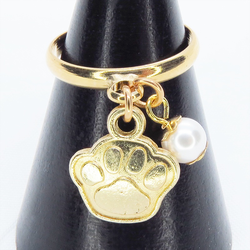 マットゴールド 肉球とスワロフスキーパールの大人可愛いリング フリーサイズ クリスタルホワイト