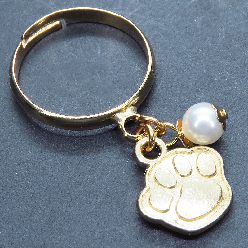 マットゴールド 肉球とスワロフスキーパールの大人可愛いリング フリーサイズ クリスタルホワイト