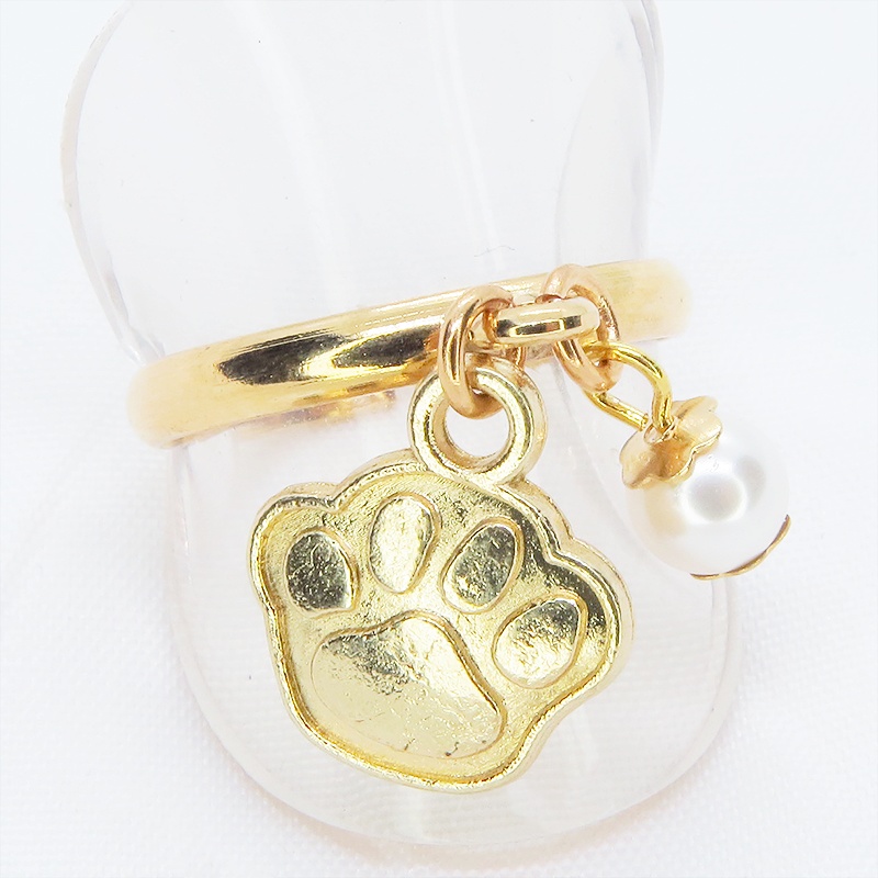 マットゴールド 肉球とスワロフスキーパールの大人可愛いリング フリーサイズ クリスタルホワイト