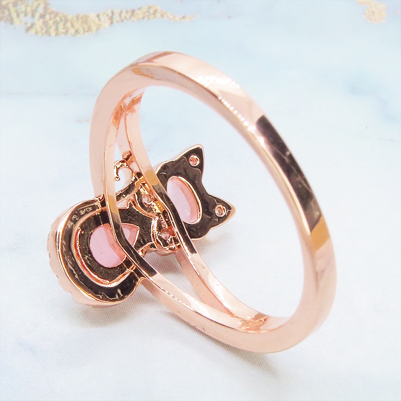 ローズゴールドカラー 大人可愛い猫シルエットリング キュービックジルコニア アクリル 16号