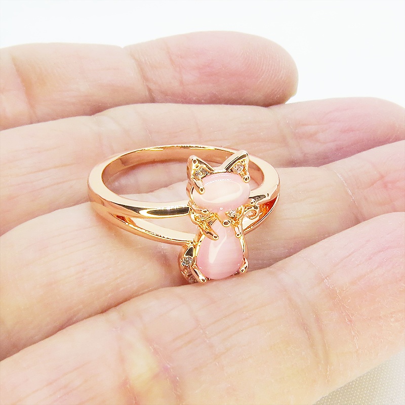 ローズゴールドカラー 大人可愛い猫シルエットリング キュービックジルコニア アクリル 16号