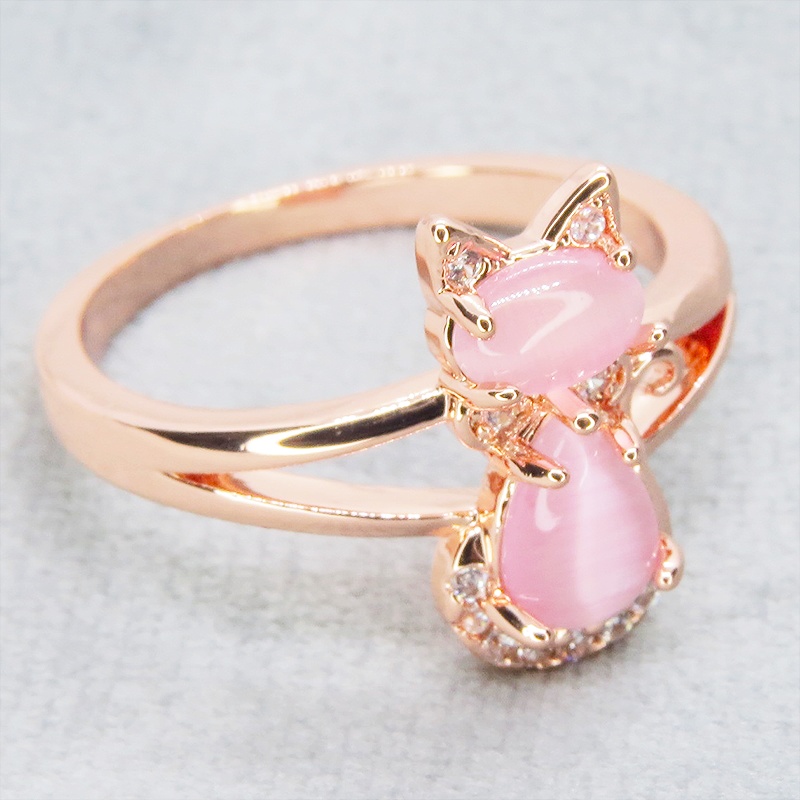 ローズゴールドカラー 大人可愛い猫シルエットリング キュービックジルコニア アクリル 16号