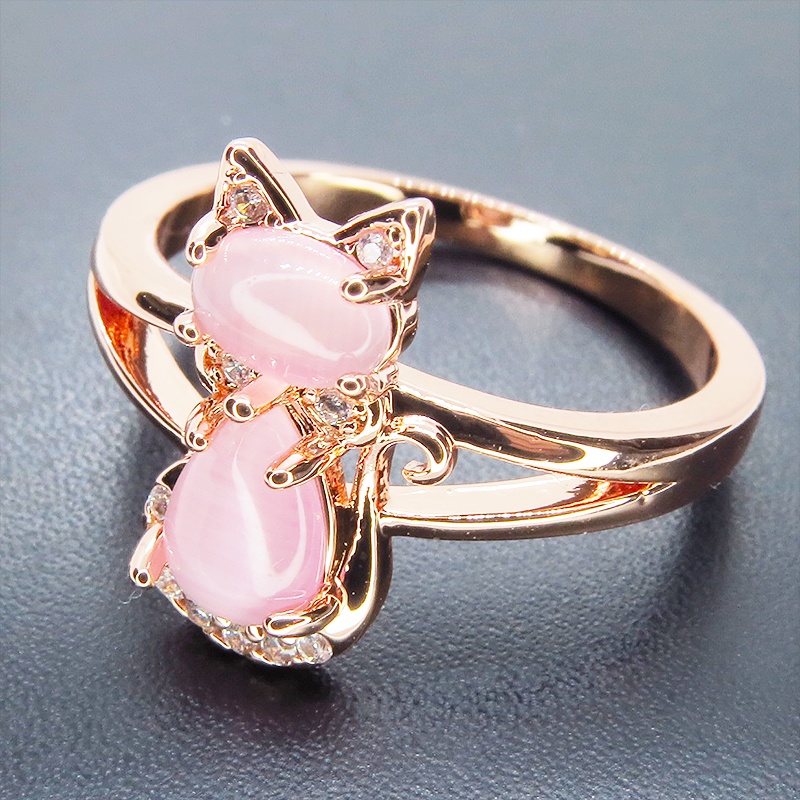 ローズゴールドカラー 大人可愛い猫シルエットリング キュービックジルコニア アクリル 16号