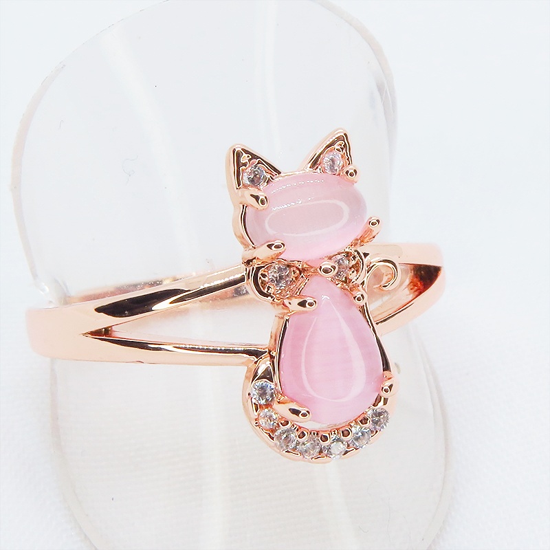 ローズゴールドカラー 大人可愛い猫シルエットリング キュービックジルコニア アクリル 16号