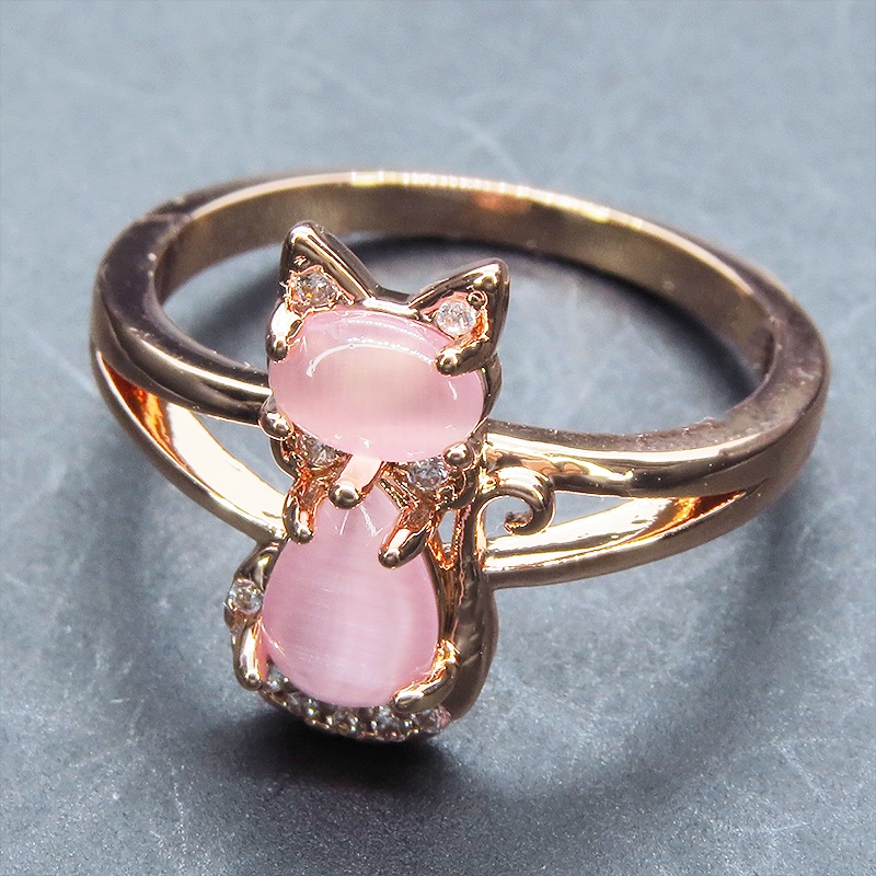 ローズゴールドカラー 大人可愛い猫シルエットリング キュービックジルコニア アクリル 16号