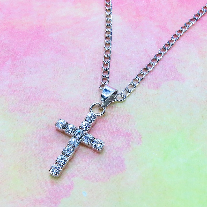 ステンレス シルバーカラー ラインストーンを使ったロザリオのコンパクトなネックレス ワンポイント 長さ変更可